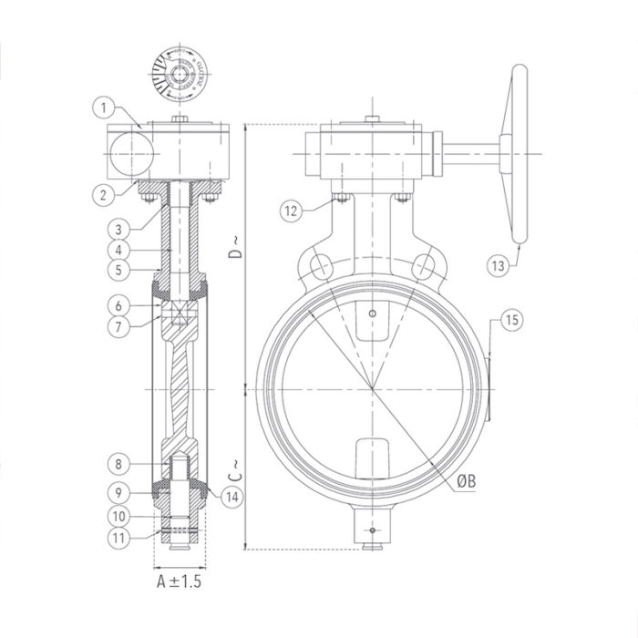 1078A Butterfly Valve (Wafer Type) PN 1.6 with S.G Iron Disc - Gear Operated Design