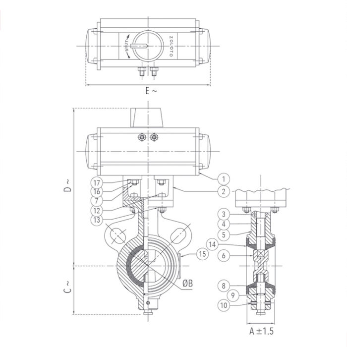 1078D Butterfly Valve (Wafer Type), PN 1.0 with Pneumatic Actuator Design