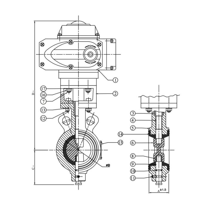 1078F Butterfly Valve (Wafer Type), PN 1.0 with Electrical Actuator Design