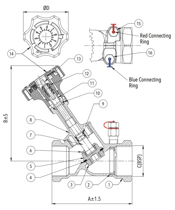 Bronze Double Regulating Balancing Valve (Screwed) With Nozzle, PN 16 Design